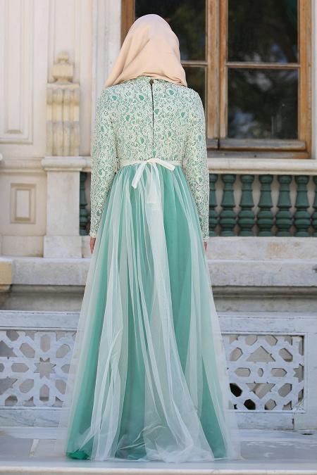 Evening Dresses - Almond Green Hijab Evening Dress 7545CY - 3