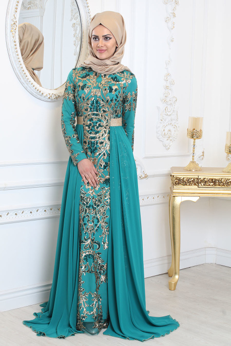 Evening Dresses - Almond Green Hijab Evening Dress 7911CY