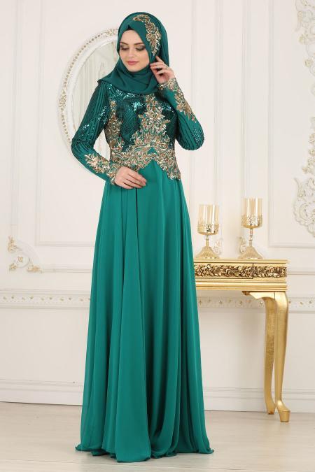 Evening Dresses - Almond Green Hijab Evening Dress 7973CY - 2