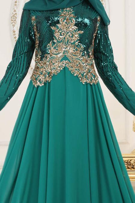 Evening Dresses - Almond Green Hijab Evening Dress 7973CY - 4