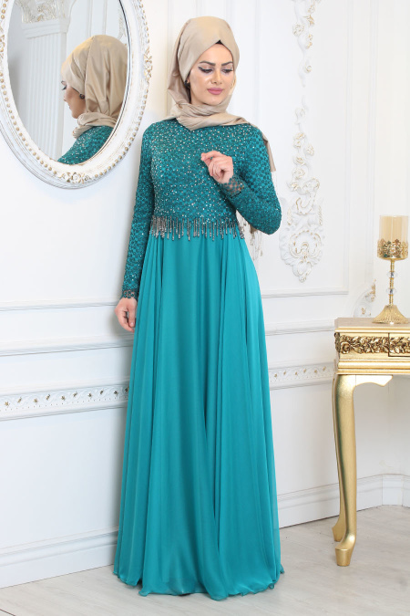 Evening Dresses - Almond Green Hijab Evening Dress 7991CY