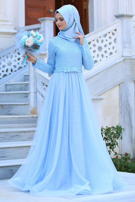Evening Dresses - Baby Blue Hijab Dress 2299BM