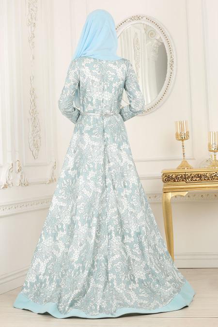 Evening Dresses - Baby Blue Hijab Dress 42220BM - 3