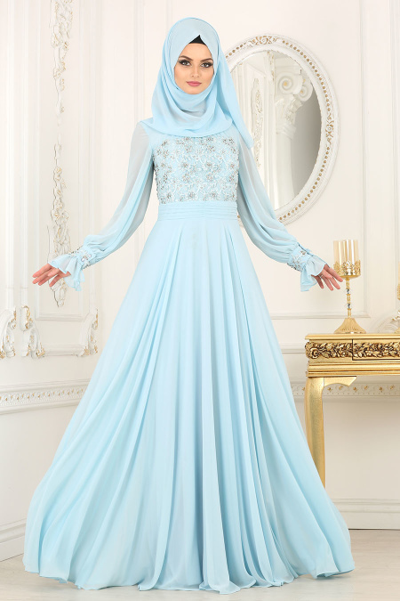 Evening Dresses - Baby Blue Hijab Dress 4334BM