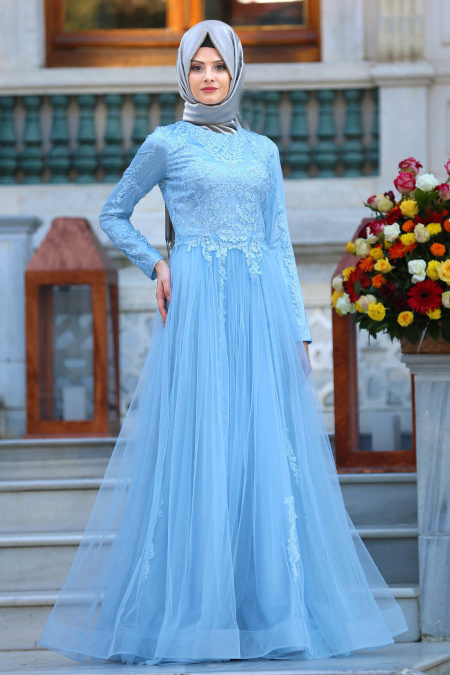 Evening Dresses - Baby Blue Hijab Dress 4419BM