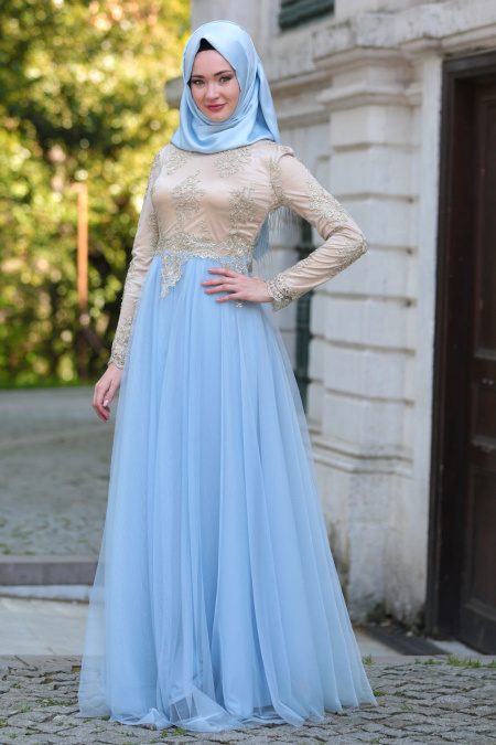 Evening Dresses - Baby Blue Hijab Dress 7496BM