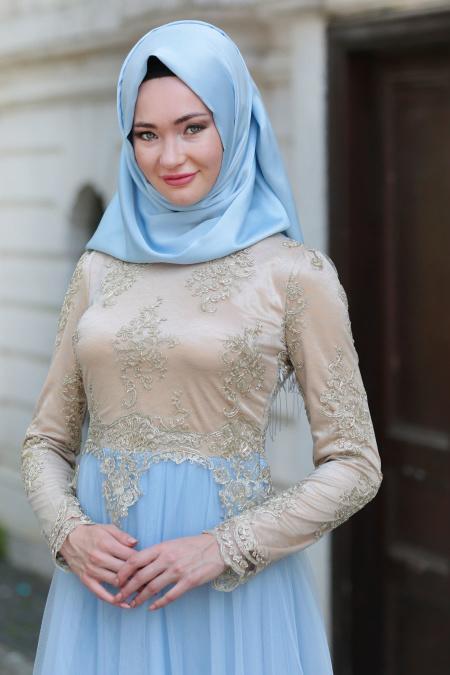 Evening Dresses - Baby Blue Hijab Dress 7496BM - 3