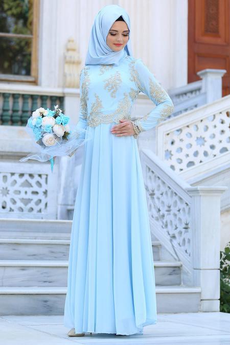 Evening Dresses - Baby Blue Hijab Dress 76465BM - 1