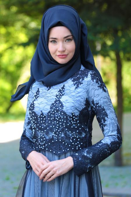 Evening Dresses - Baby Blue Hijab Dress 7659BM - 2