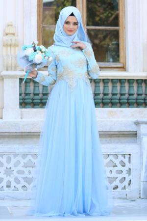 Evening Dresses - Baby Blue Hijab Dress 7763BM - 1