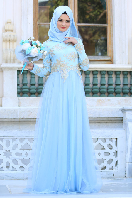 Evening Dresses - Baby Blue Hijab Dress 7763BM