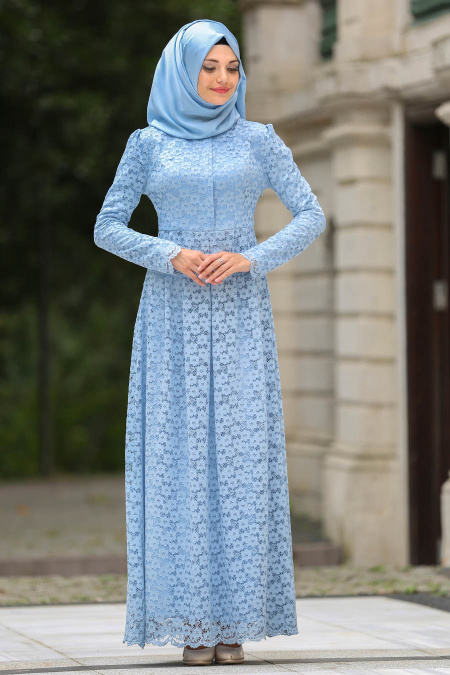 Evening Dresses - Baby Blue Hijab Dress 7774BM