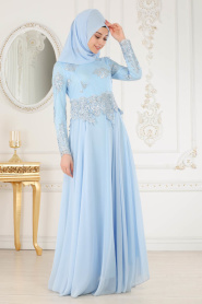 Evening Dresses - Baby Blue Hijab Evening Dress 7601BM - Thumbnail
