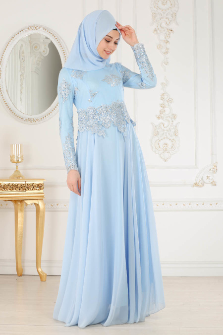 Evening Dresses - Baby Blue Hijab Evening Dress 7601BM