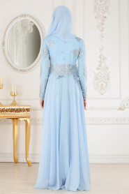 Evening Dresses - Baby Blue Hijab Evening Dress 7601BM - Thumbnail