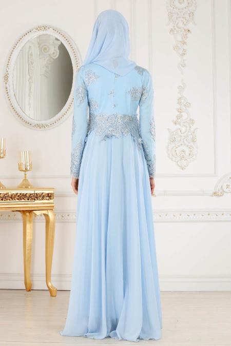 Evening Dresses - Baby Blue Hijab Evening Dress 7601BM - 2