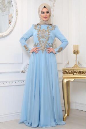 Evening Dresses - Baby Blue Hijab Evening Dress 7996BM - 1