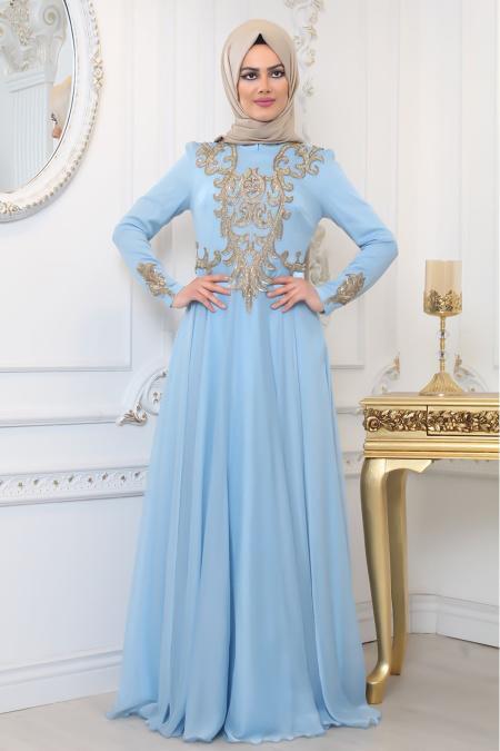 Evening Dresses - Baby Blue Hijab Evening Dress 7996BM - 1