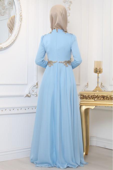 Evening Dresses - Baby Blue Hijab Evening Dress 7996BM - 2