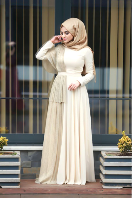 Evening Dresses - Beige Hijab Dress 103BEJ