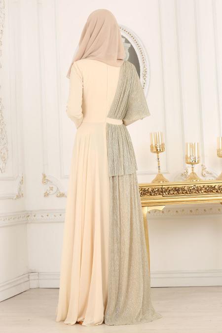 Evening Dresses - Beige Hijab Dress 103BEJ - 2
