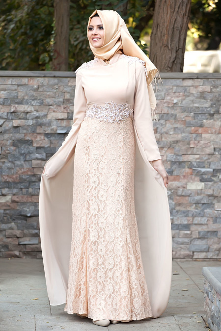 Evening Dresses - Beige Hijab Dress 2222BEJ