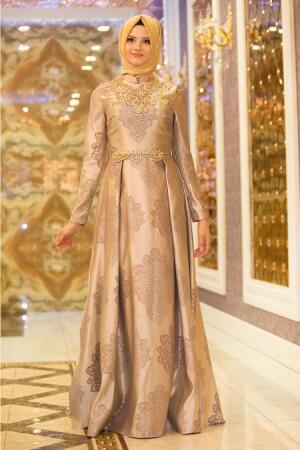 Evening Dresses - Beige Hijab Dress 7365BEJ - 1