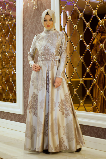 Evening Dresses - Beige Hijab Dress 7376BEJ