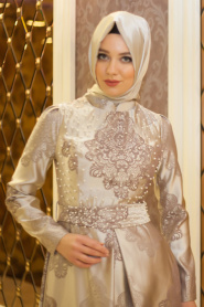 Evening Dresses - Beige Hijab Dress 7376BEJ - Thumbnail