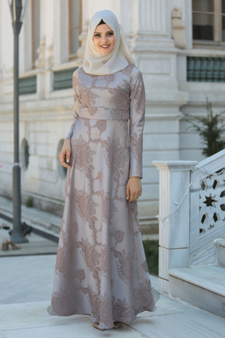 Evening Dresses - Beige Hijab Dress 7642BEJ