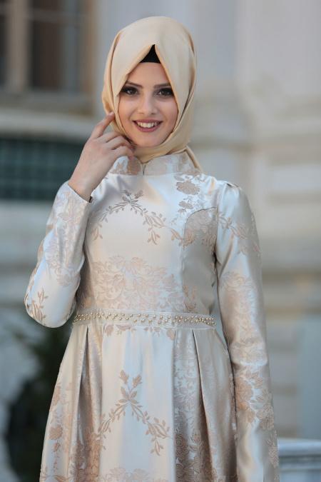 Evening Dresses - Beige Hijab Dress 7642BEJ - 3