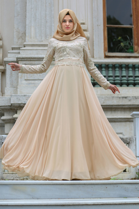 Evening Dresses - Beige Hijab Evening Dress 75470BEJ