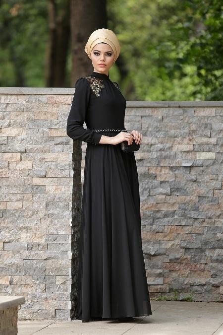 Evening Dresses - Black Hijab Dress 2156S - 2