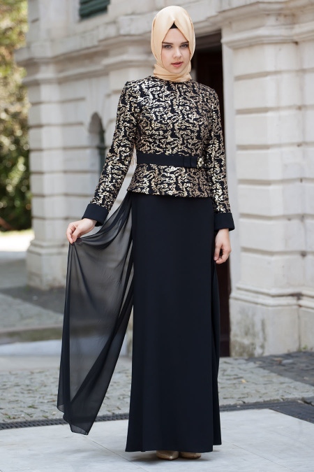 Evening Dresses - Black Hijab Dress 2201S