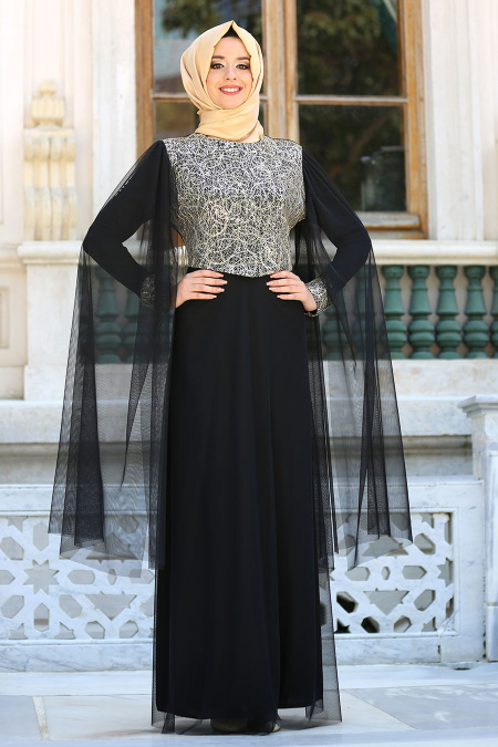 Evening Dresses - Black Hijab Dress 3004S