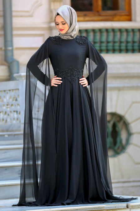 Evening Dresses - Black Hijab Dress 3500S