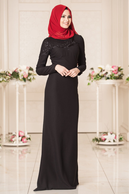 Evening Dresses - Black Hijab Dress 3800S