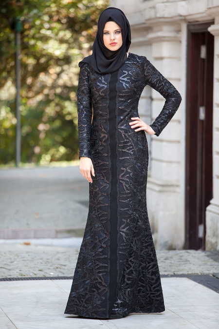 Evening Dresses - Black Hijab Dress 3921S