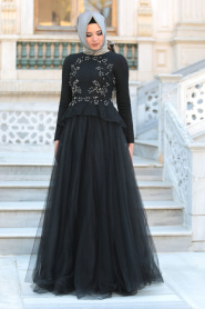 Evening Dresses - Black Hijab Dress 4042S - Thumbnail