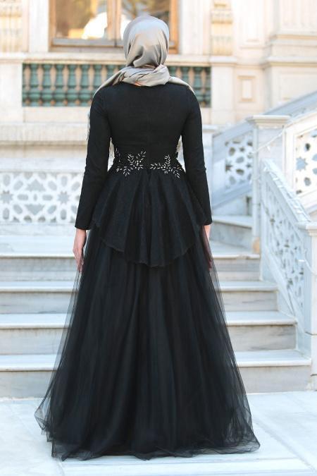 Evening Dresses - Black Hijab Dress 4042S - 2
