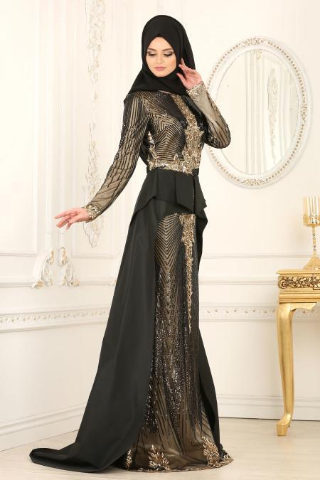 Evening Dresses - Black Hijab Dress 4346S - 2