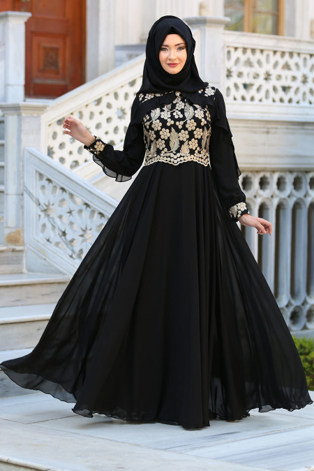 Evening Dresses - Black Hijab Dress 7498S