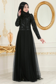 Evening Dresses - Black Hijab Dress 7554S - Thumbnail