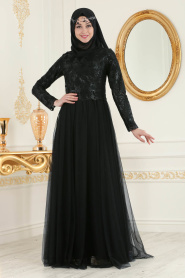Evening Dresses - Black Hijab Dress 7554S - Thumbnail