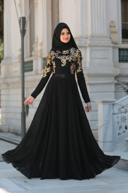 Evening Dresses - Black Hijab Dress 7586S
