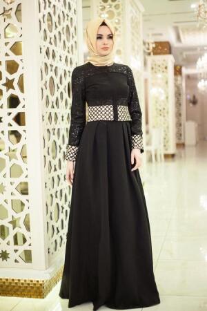 Evening Dresses - Black Hijab Dress 9022S - 1