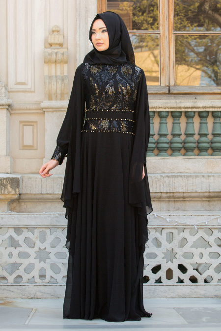 Evening Dresses - Black Hijab Evening Dress 7528S