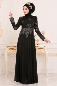 Evening Dresses - Black Hijab Evening Dress 7601S - Thumbnail