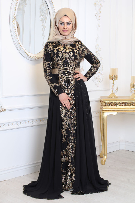 Evening Dresses - Black Hijab Evening Dress 7611S