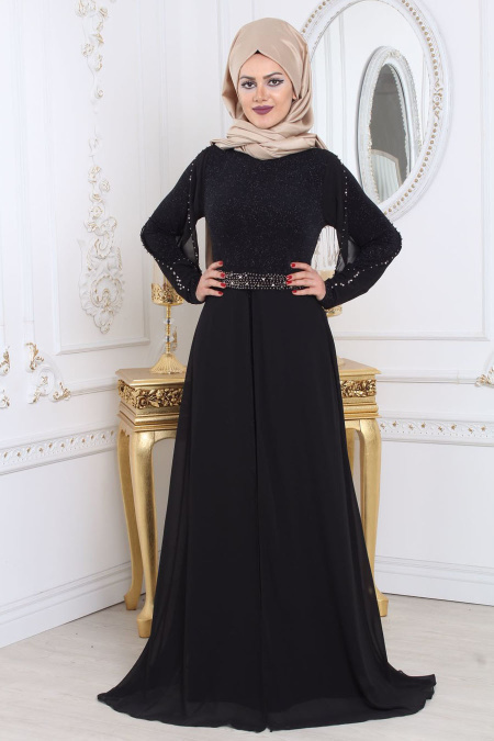 Evening Dresses - Black Hijab Evening Dress 79383S
